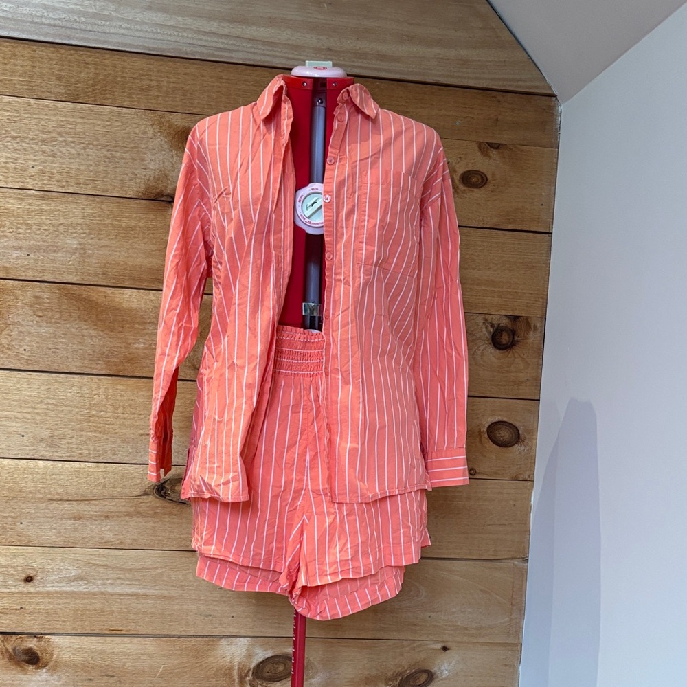 Coral Pinstripe Button-Up Shirt & Shorts Set